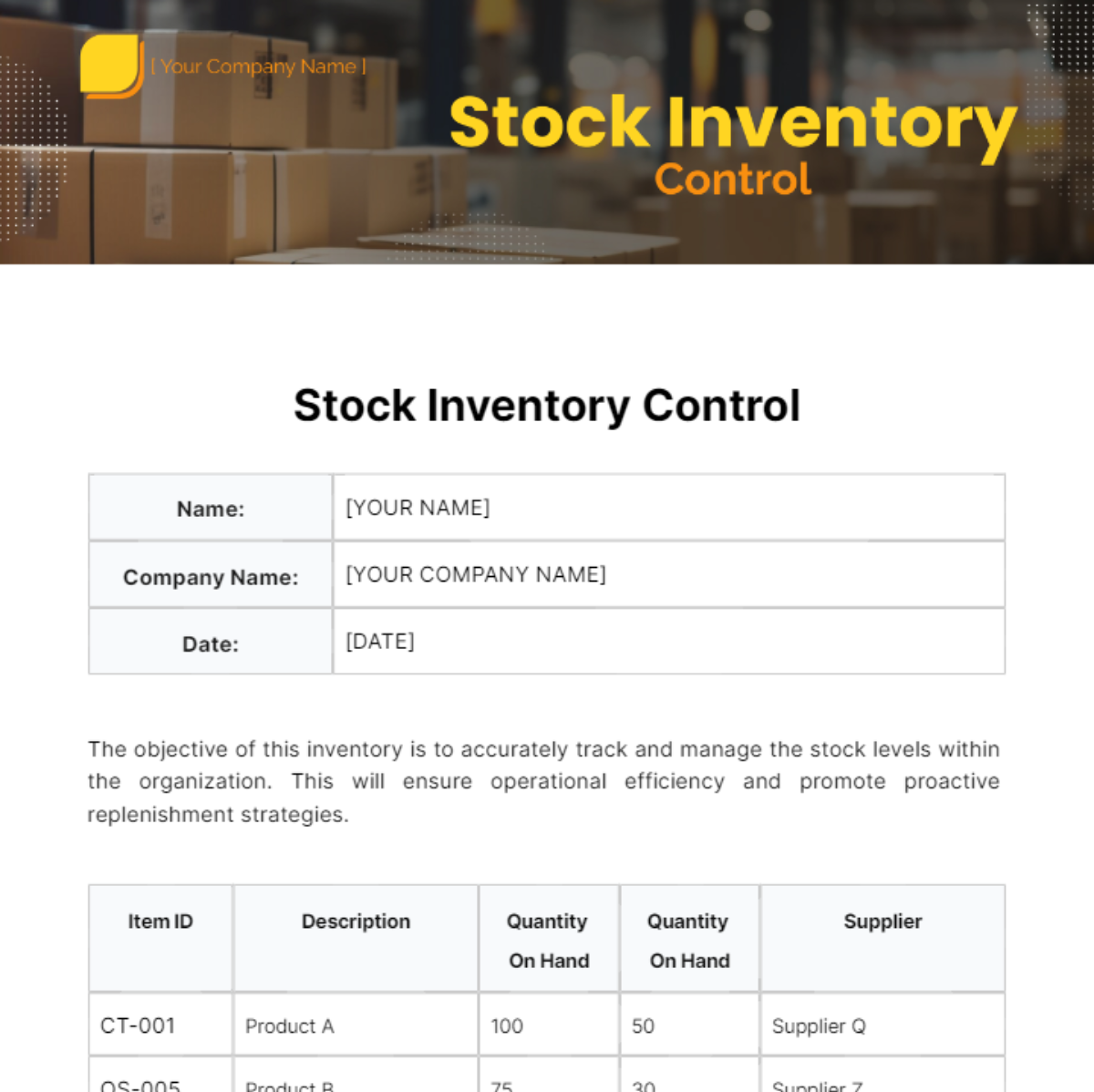 Free Stock Inventory Control Template