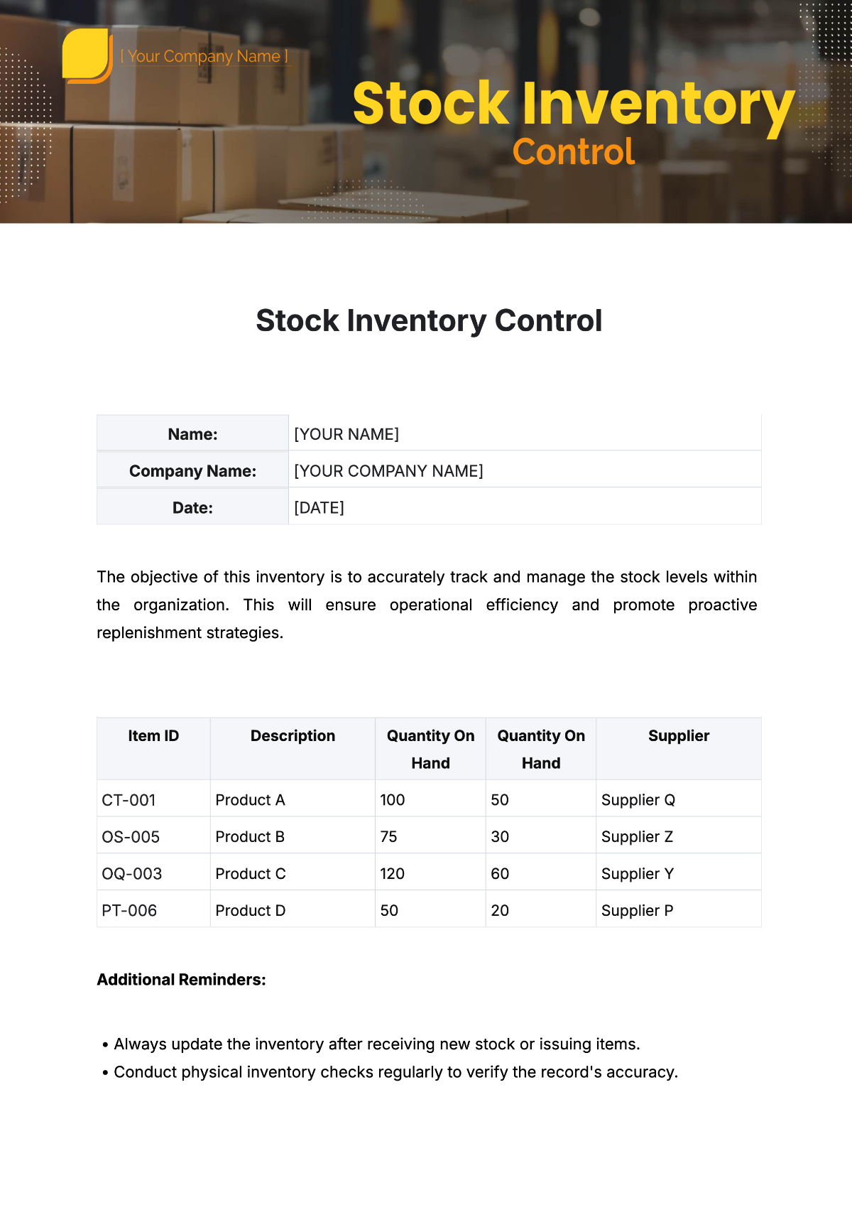 Free Stock Inventory Control Template