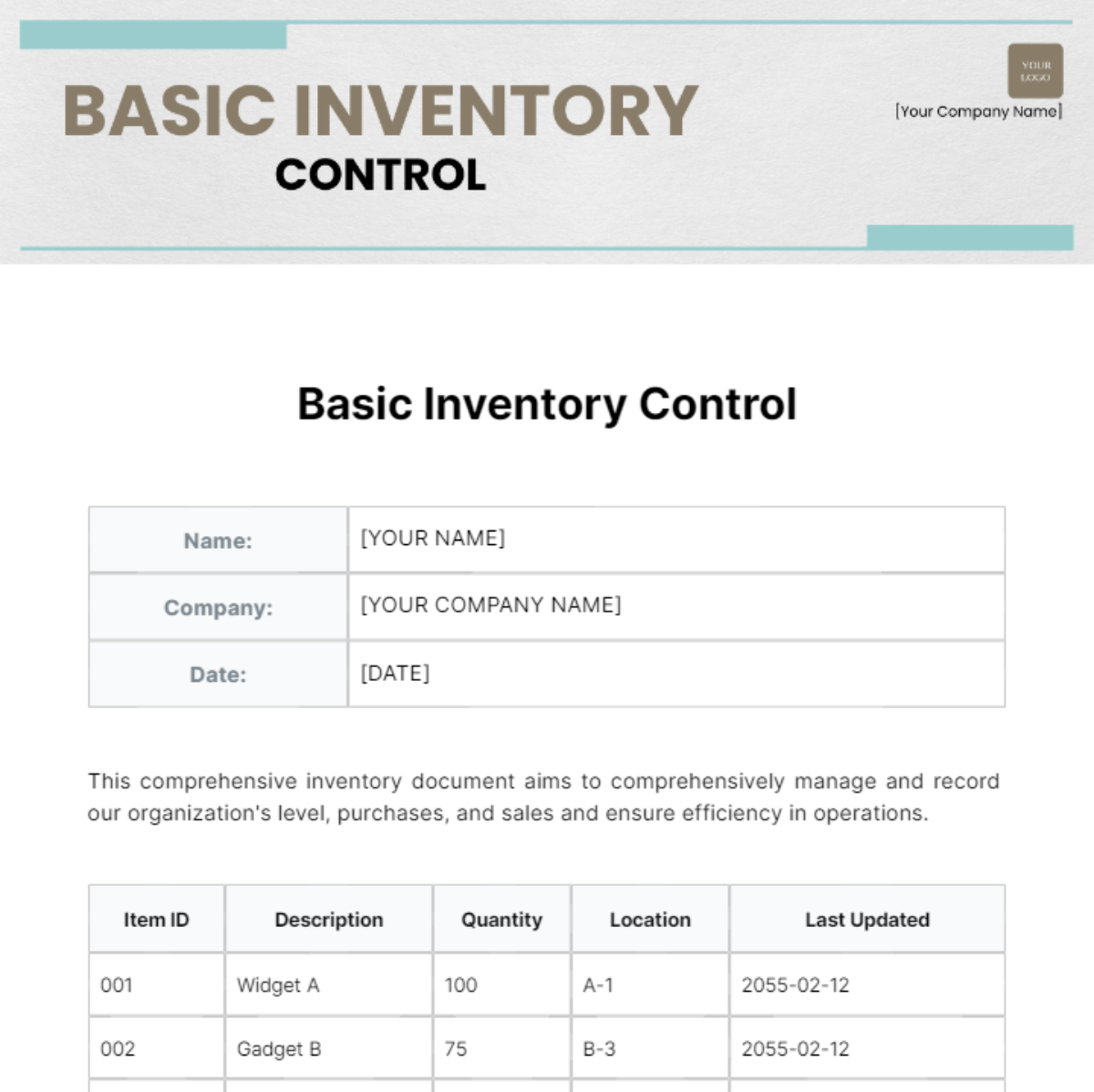 Free Basic Inventory Control Template