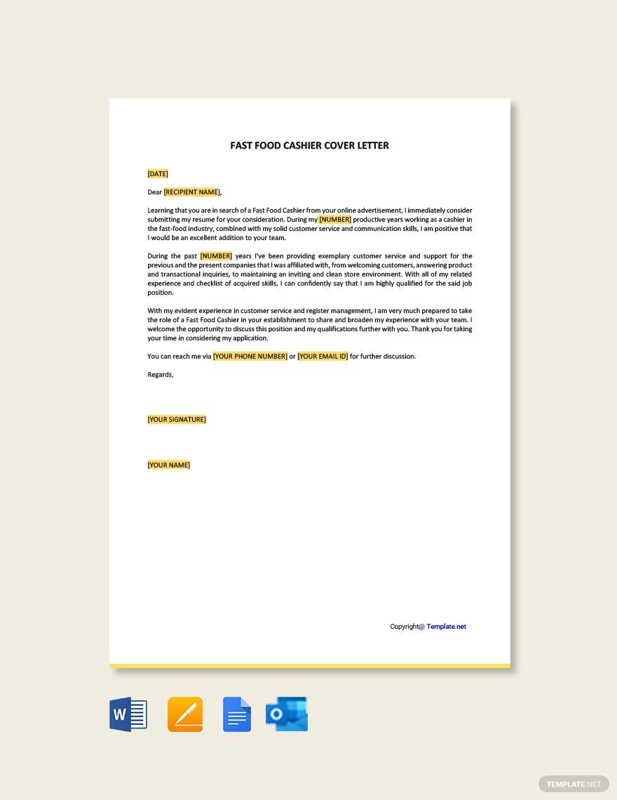 Fast Food Cashier Cover Letter Template