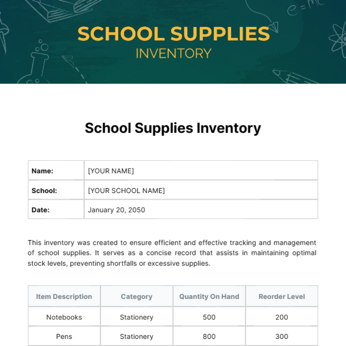 School Supplies Inventory Template