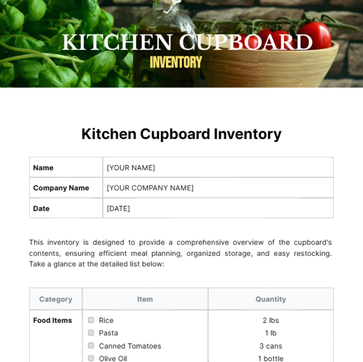 Kitchen Cupboard Inventory Template