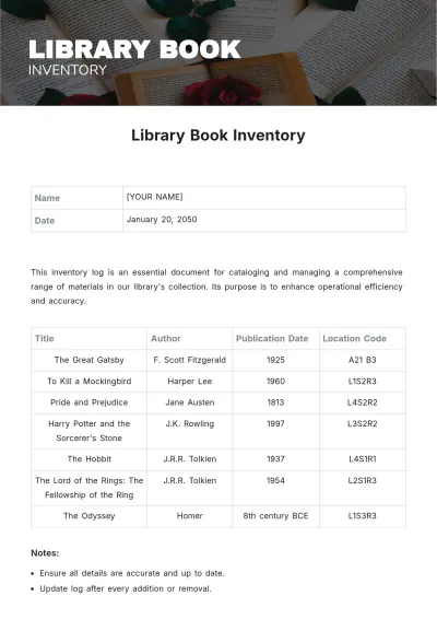 Free Library Book Inventory Template to Edit Online