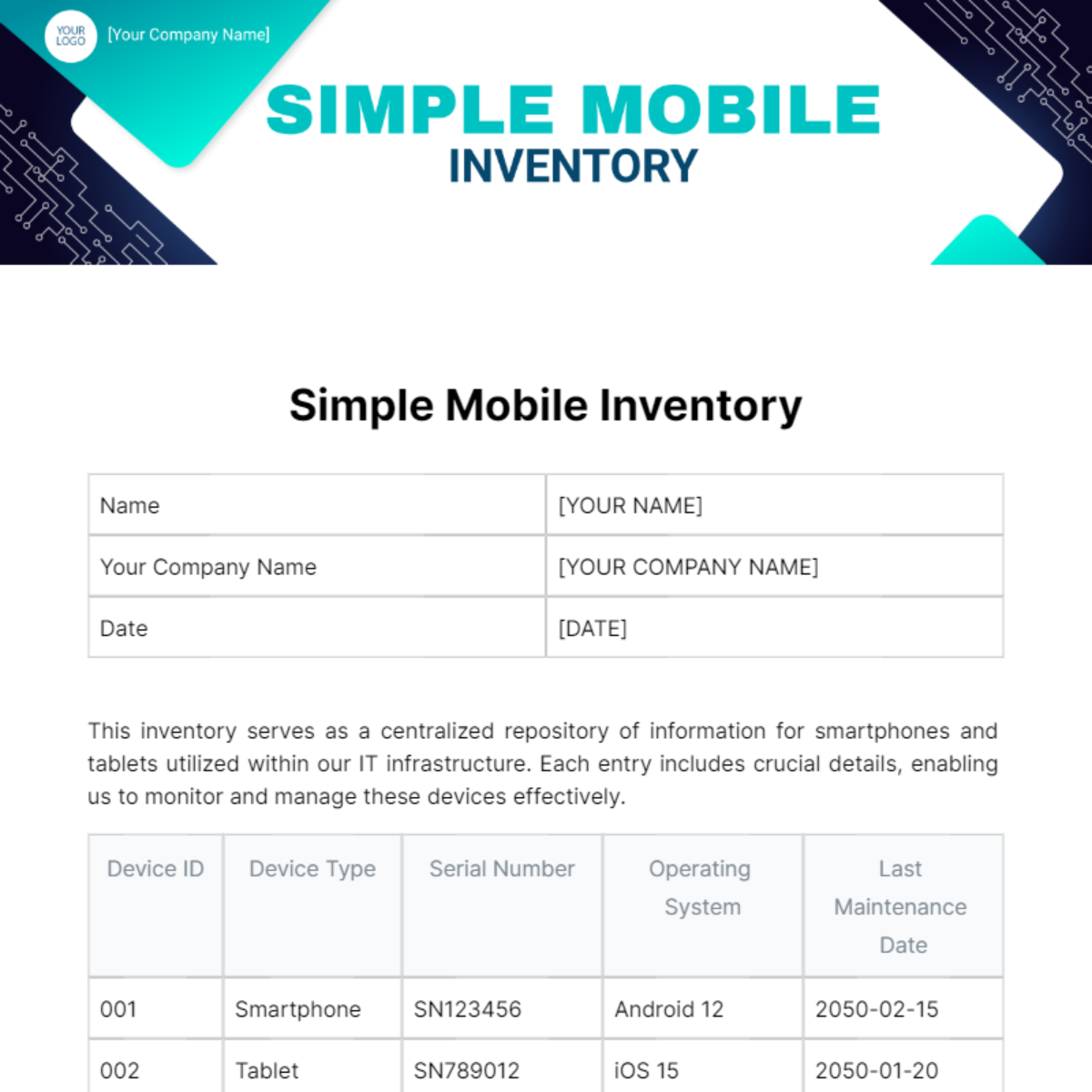 Free Simple Mobile Inventory Template