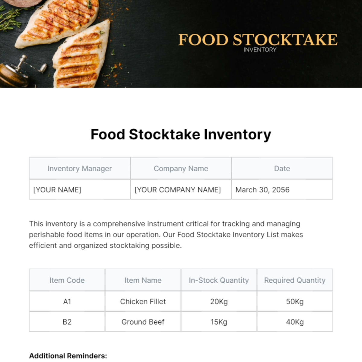 Food Stocktake Inventory Template