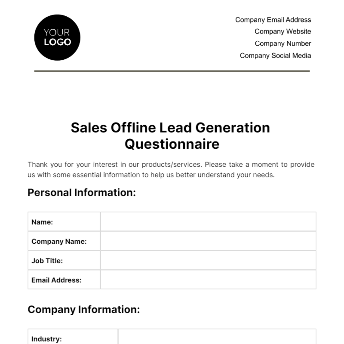 Free Sales Offline Lead Generation Questionnaire Template