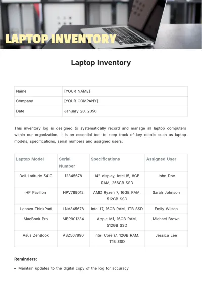 Free Laptop Inventory Template to Edit Online