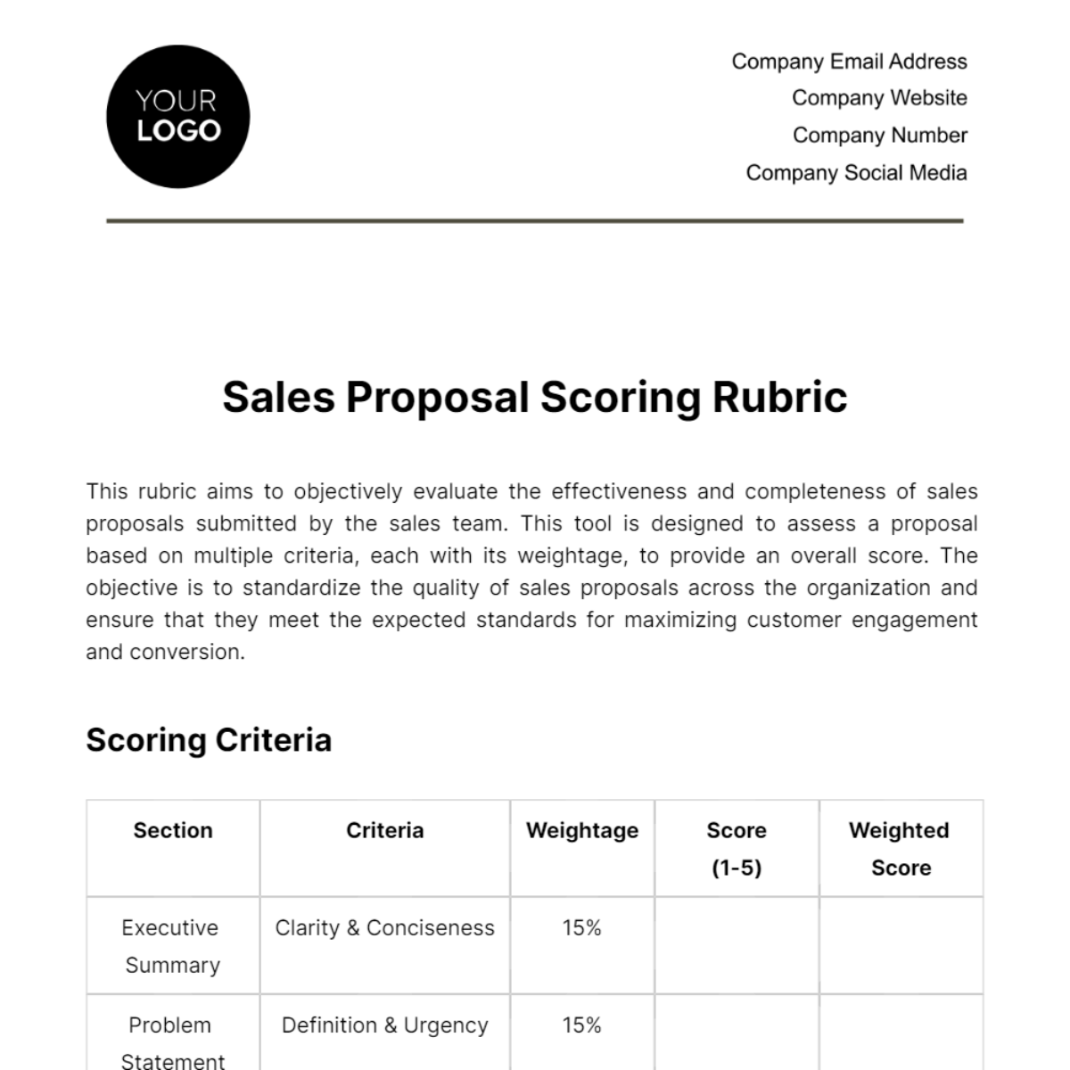 Sales Proposal Scoring Rubric Template