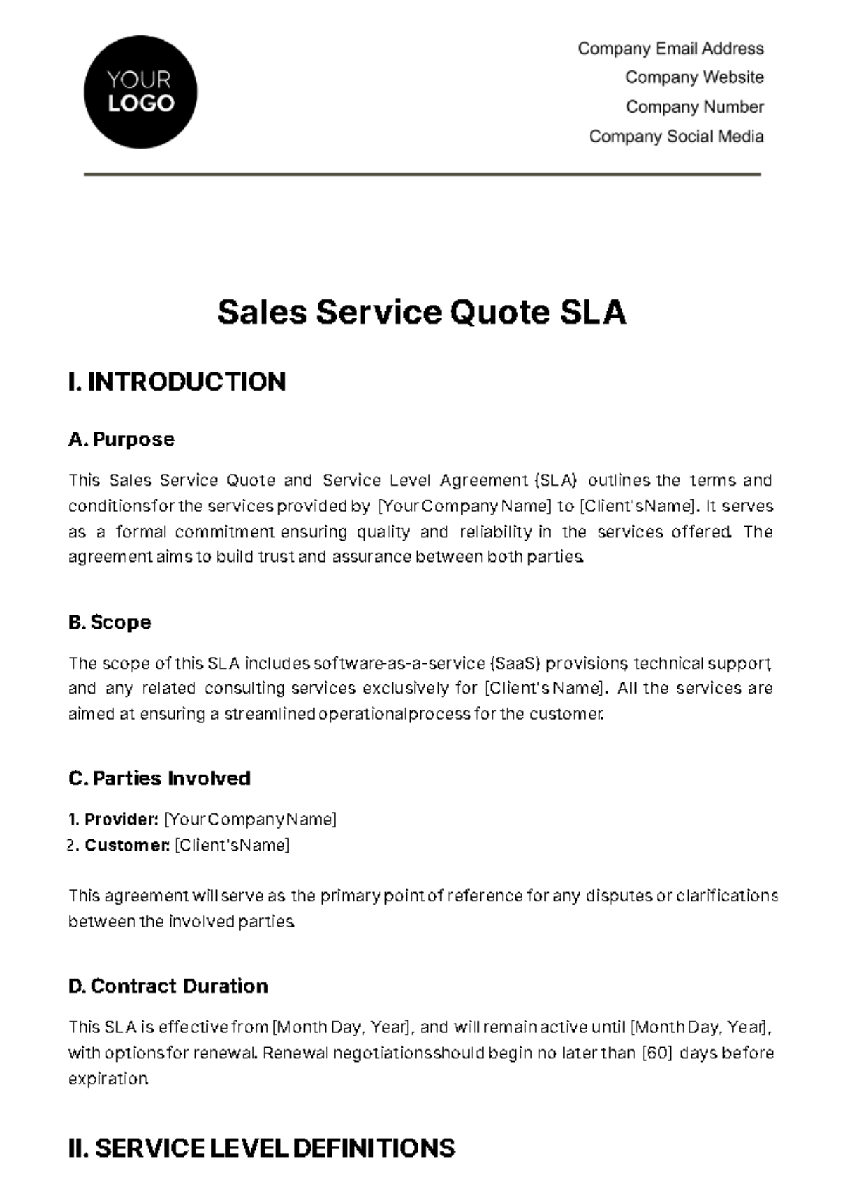 Sales Service Quote SLA Template