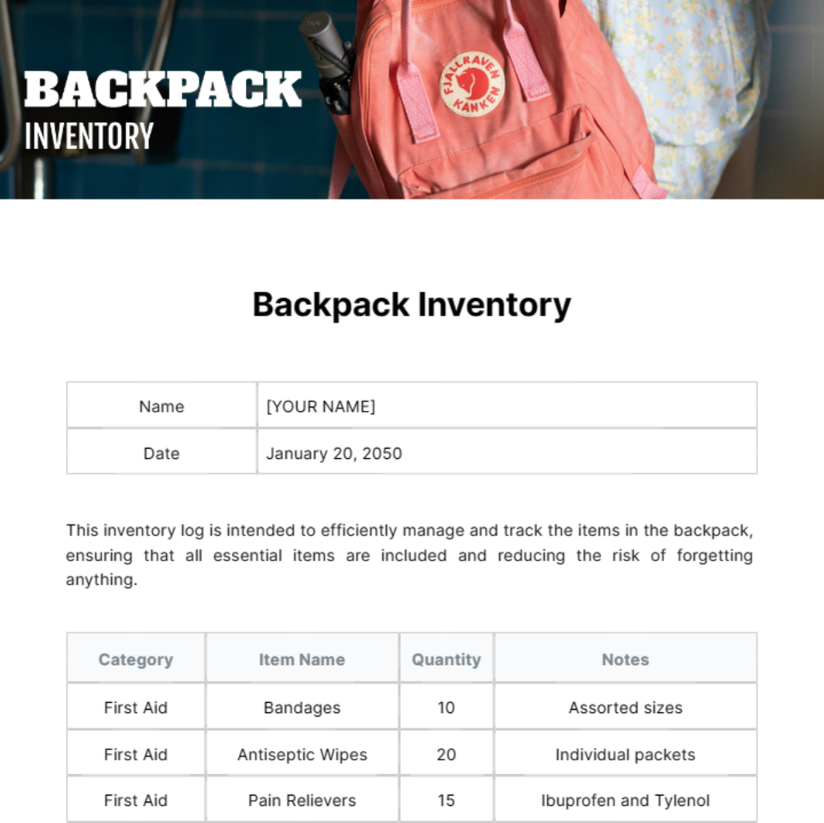 Free Backpack Inventory Template