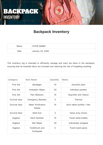 Free Backpack Inventory Template to Edit Online