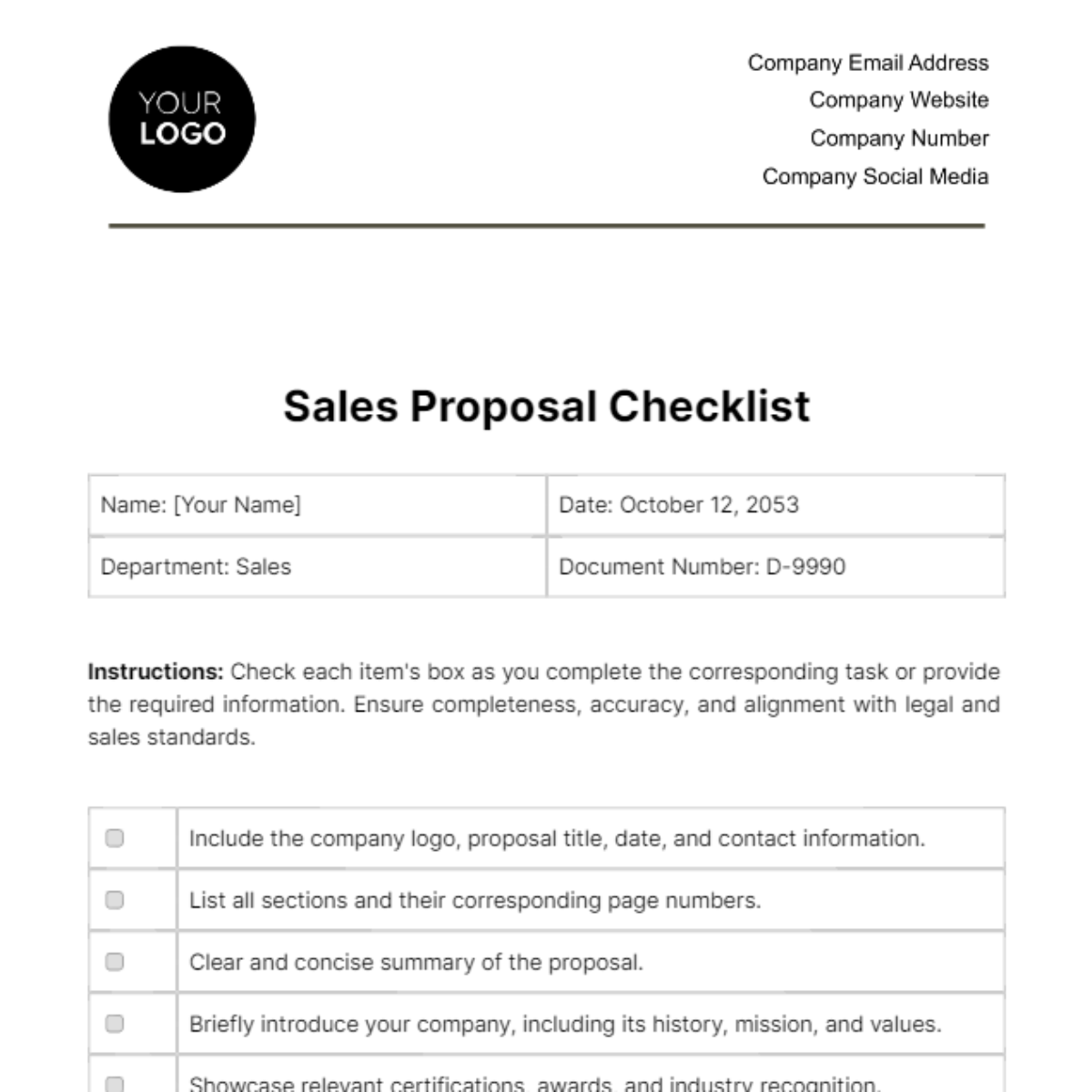 Sales Proposal Checklist Template