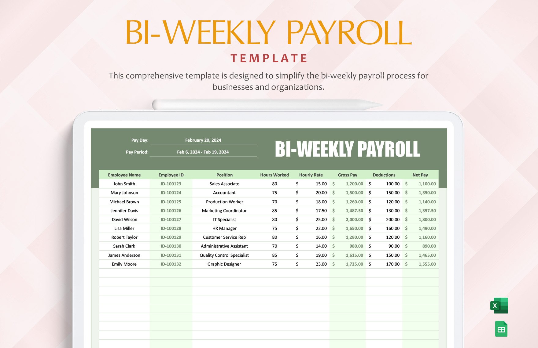 Bi-Weekly Payroll Template in Excel, Google Sheets