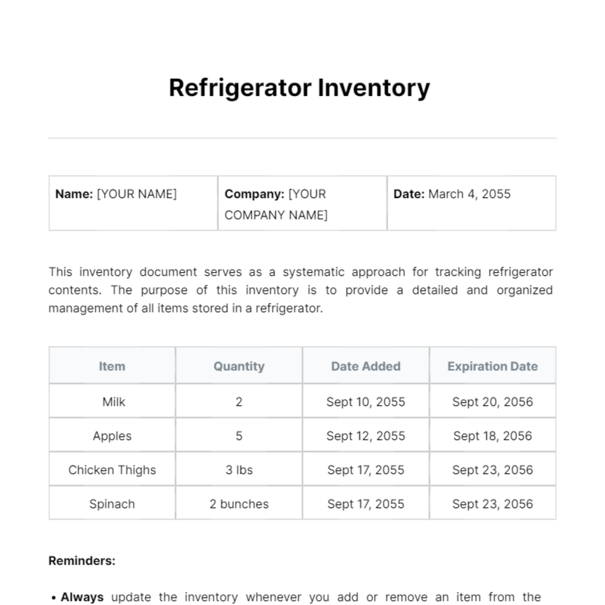  Refrigerator Inventory Template