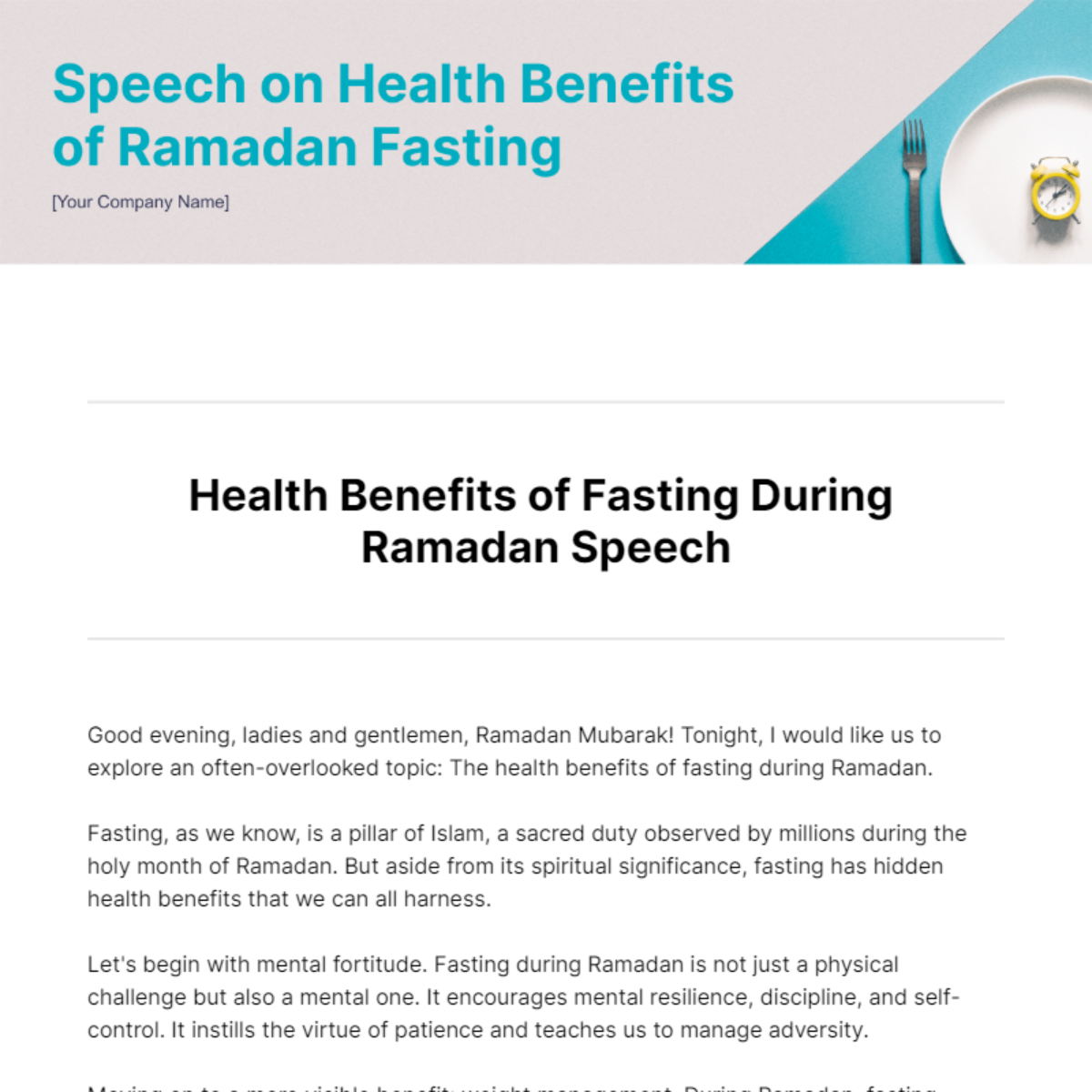 Free Health Benefits of Fasting During Ramadan Speech Template