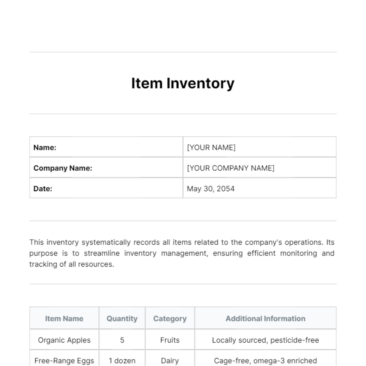 Item InventoryTemplate