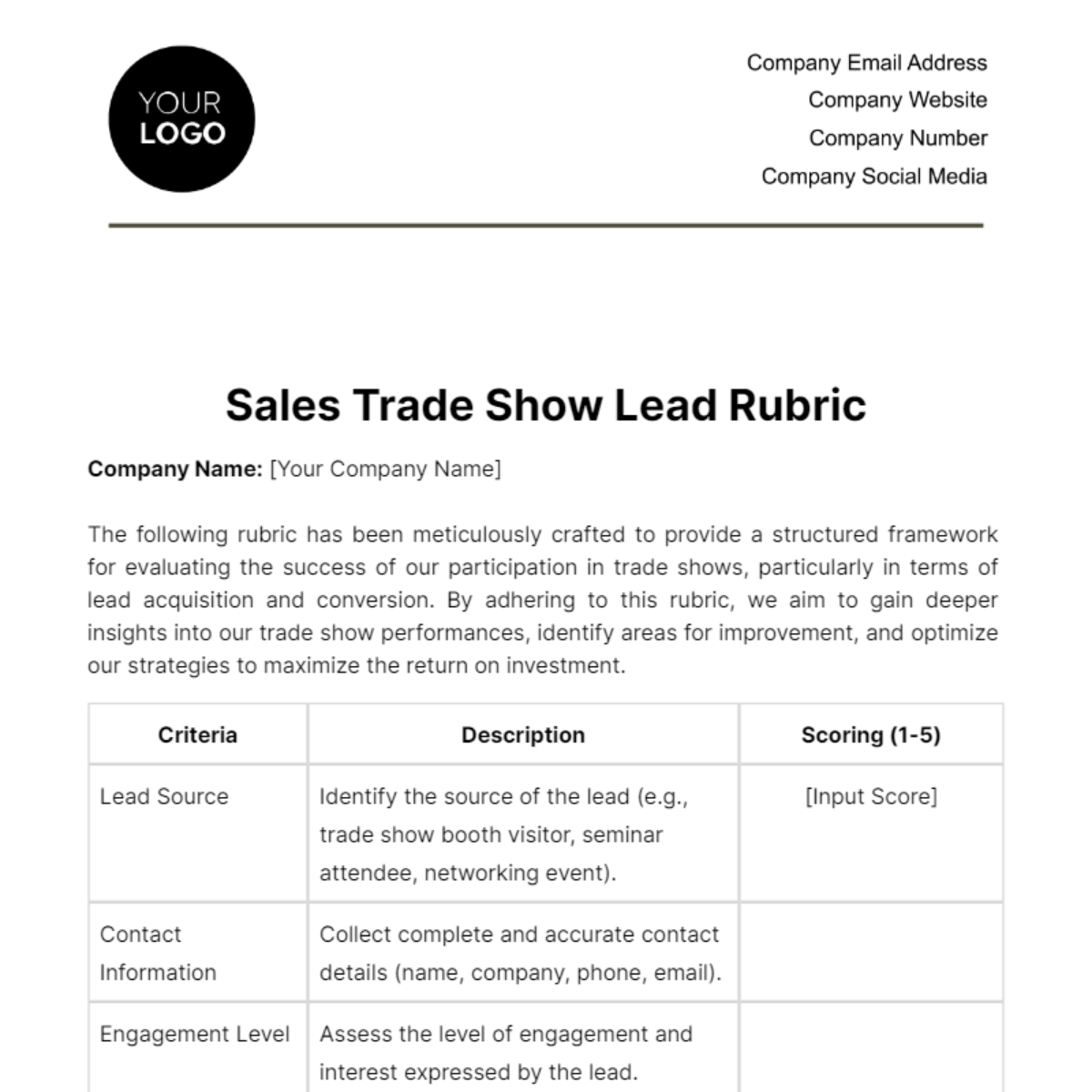 Free Sales Trade Show Lead Rubric Template