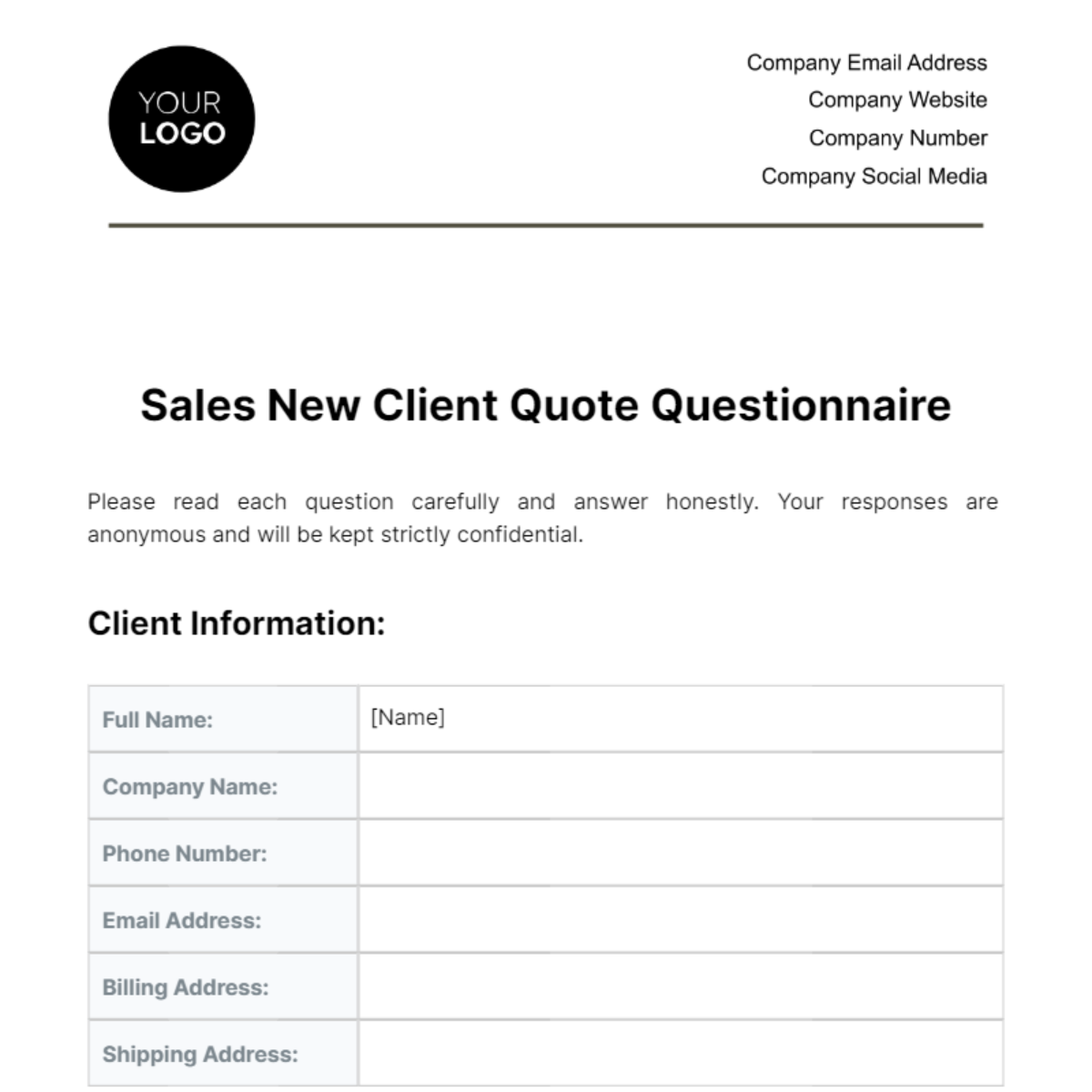Free Sales New Client Quote Questionnaire Template
