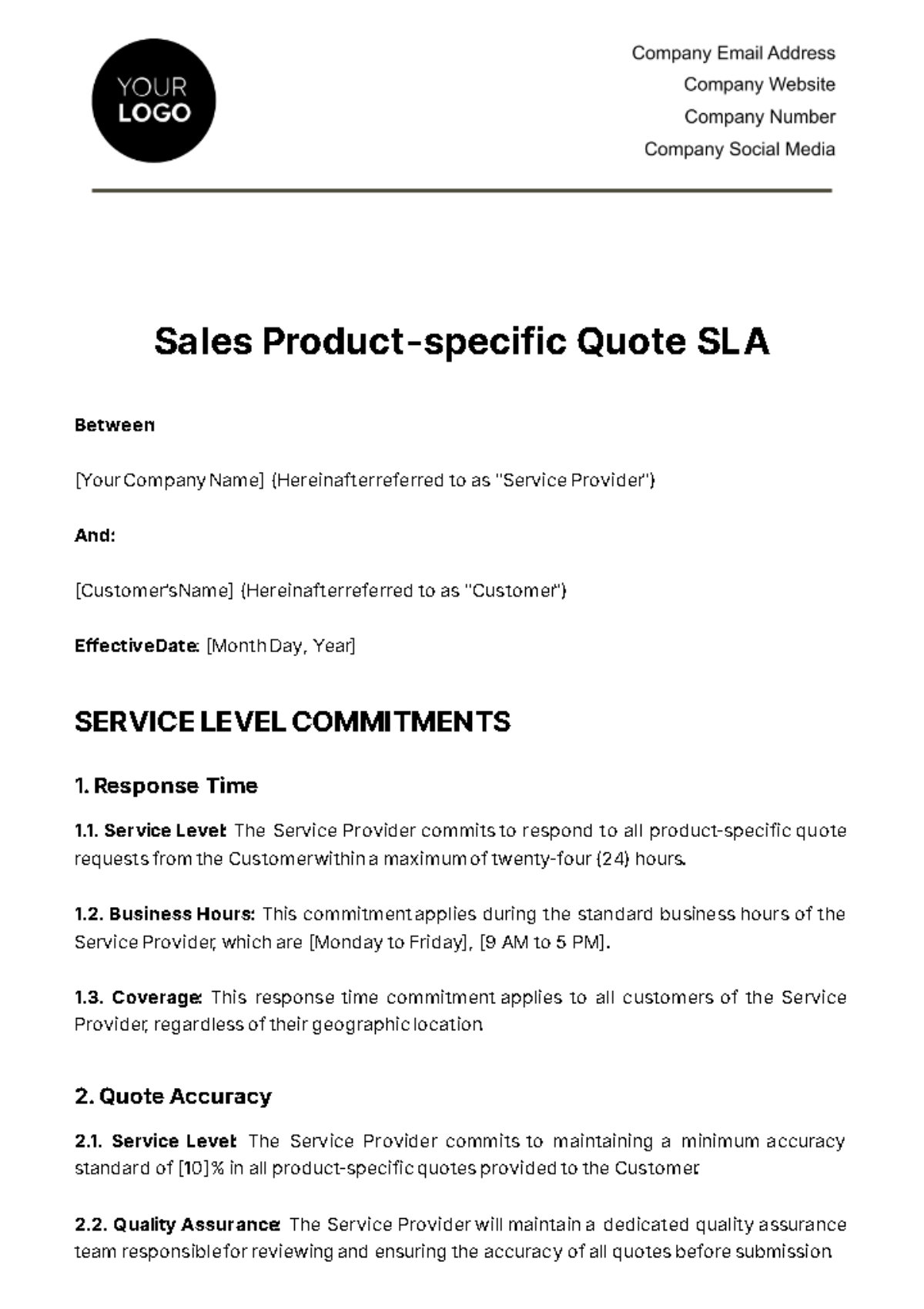Sales Product-specific Quote SLA Template