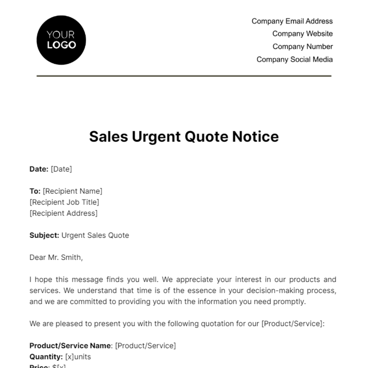 Sales Urgent Quote Notice Template