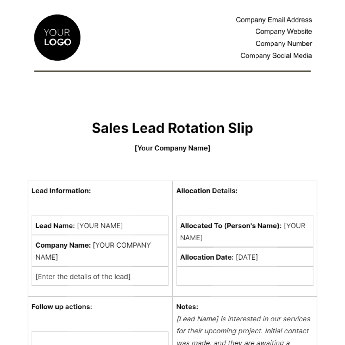 Sales Lead Rotation Slip Template