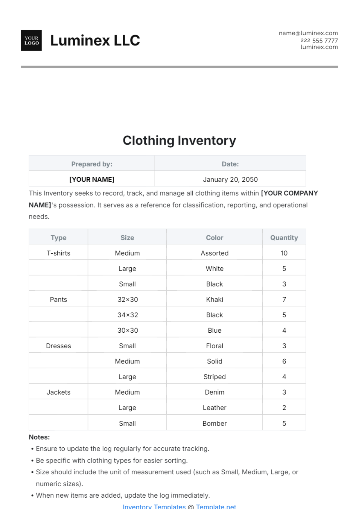 Clothing Inventory Template