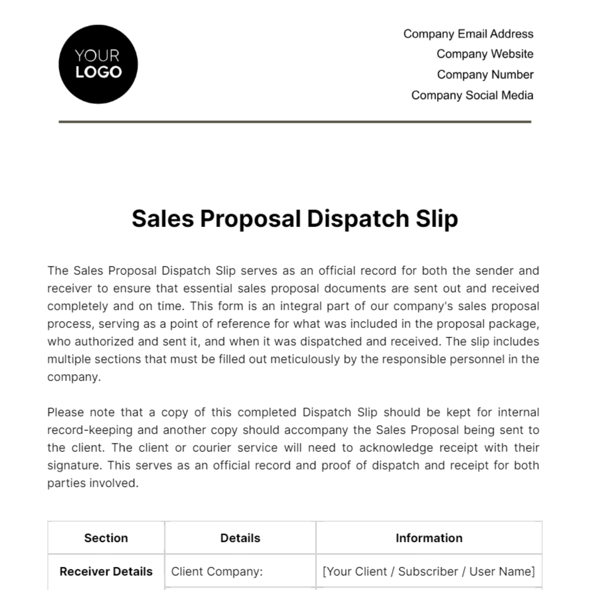 Sales Proposal Dispatch Slip Template