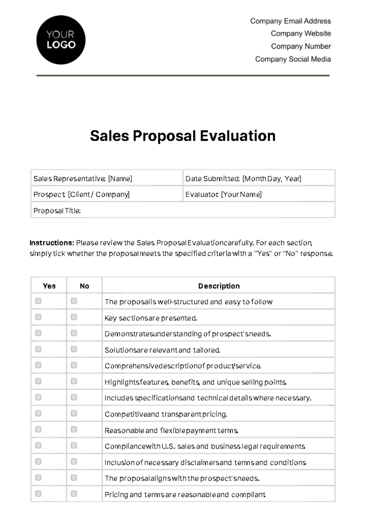 Sales Proposal Evaluation Template