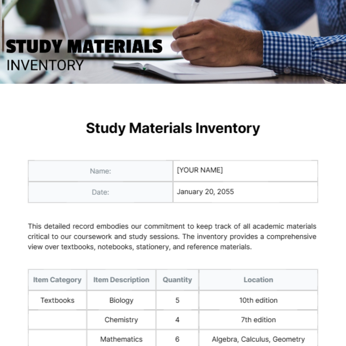 Study Materials Inventory Template