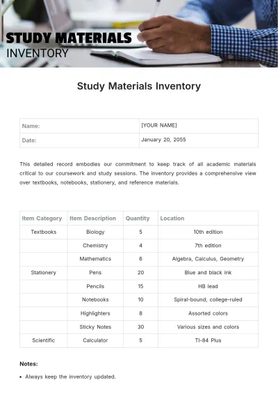 Free Study Materials Inventory Template to Edit Online