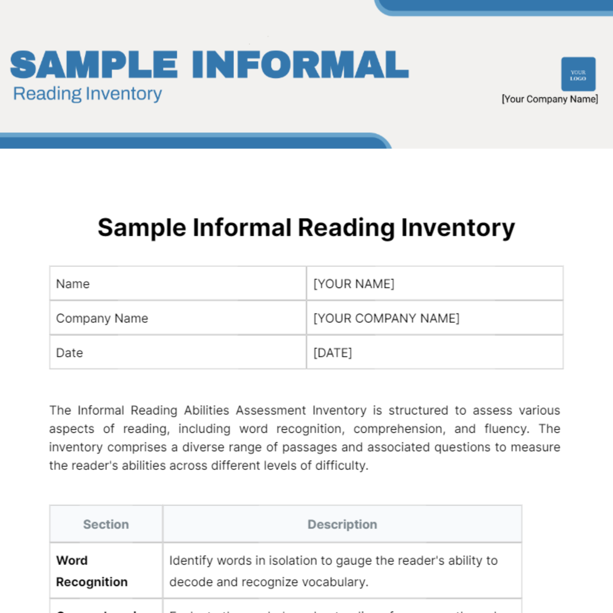 Free Sample Informal Reading Inventory Template