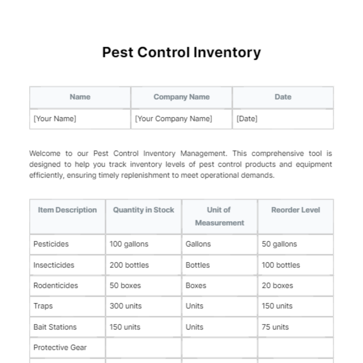 Pest Control Inventory Template