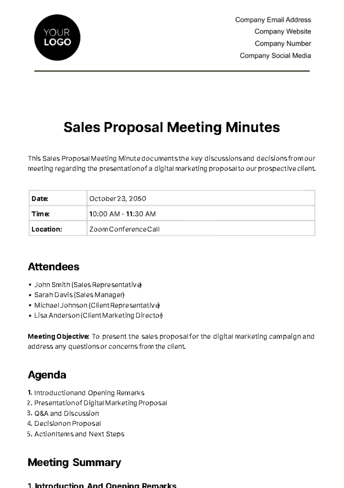 Sales Proposal Meeting Minute Template