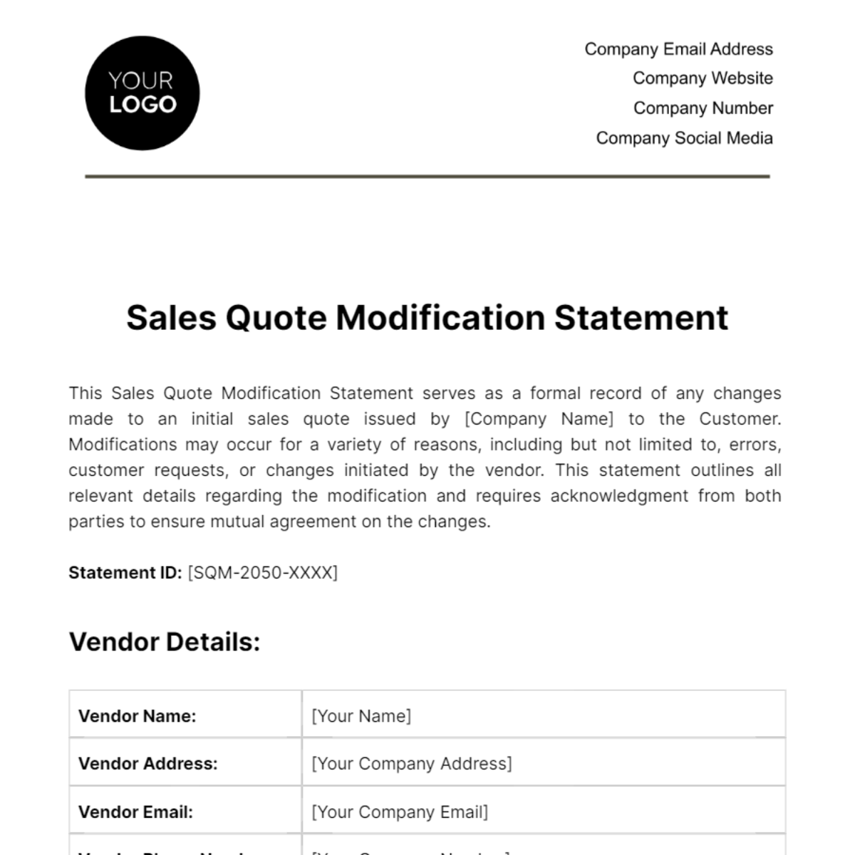 Free Sales Quote Modification Statement Template