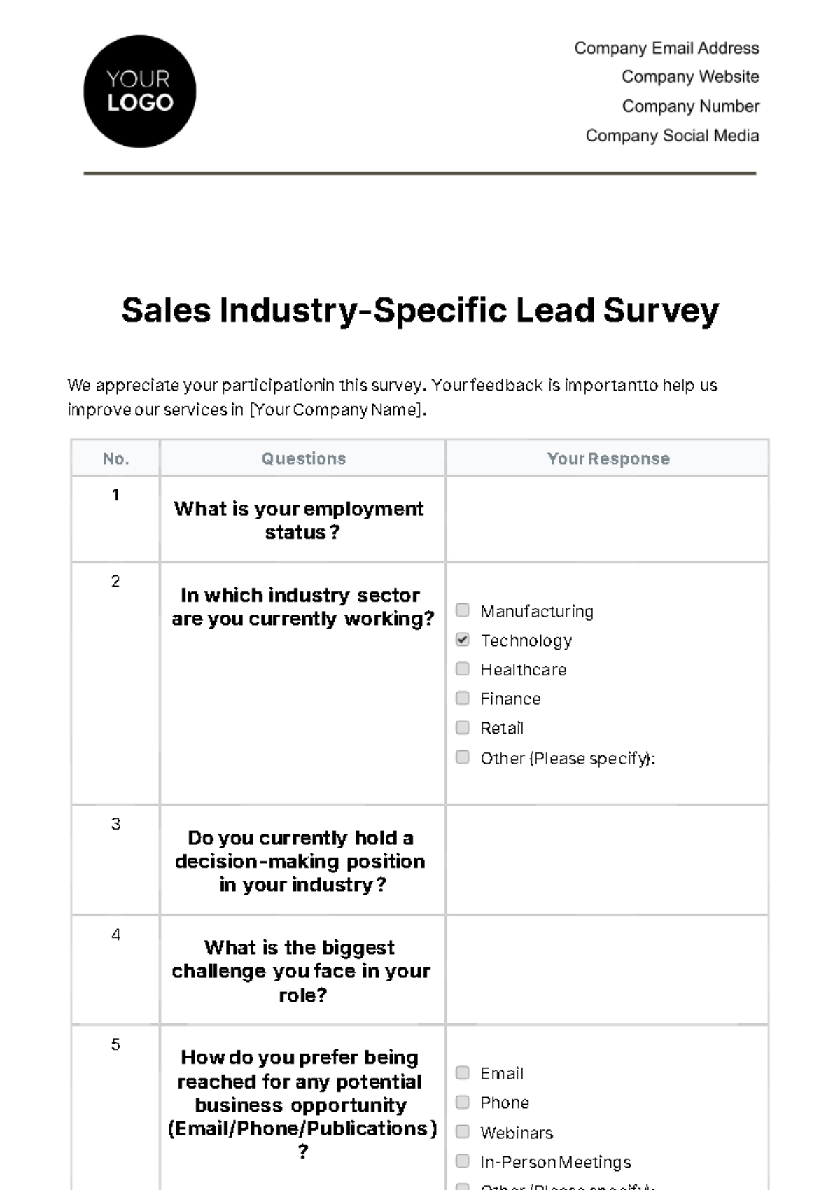 Free Sales Industry-Specific Lead Survey Template