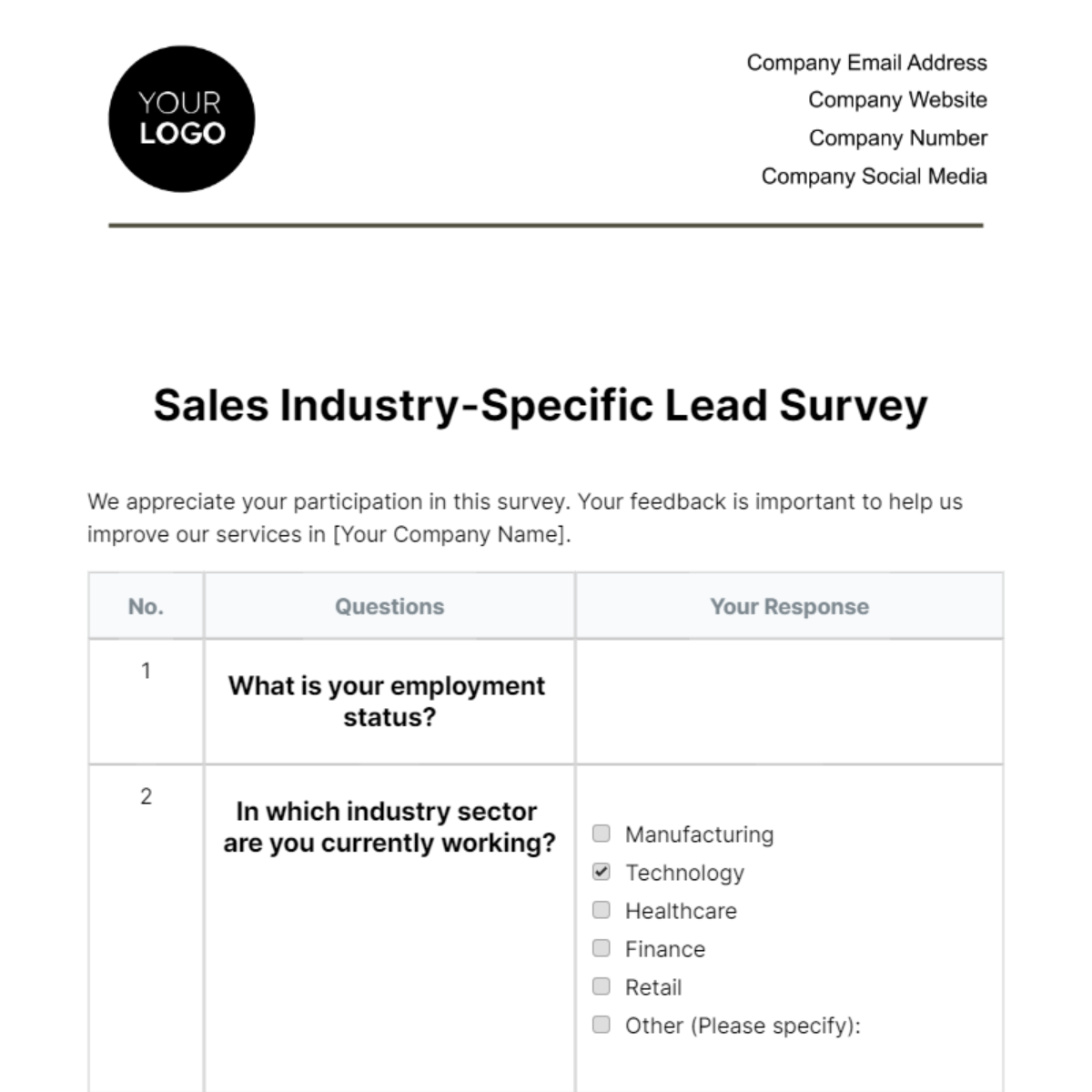 Sales Industry-Specific Lead Survey Template - Edit Online & Download ...