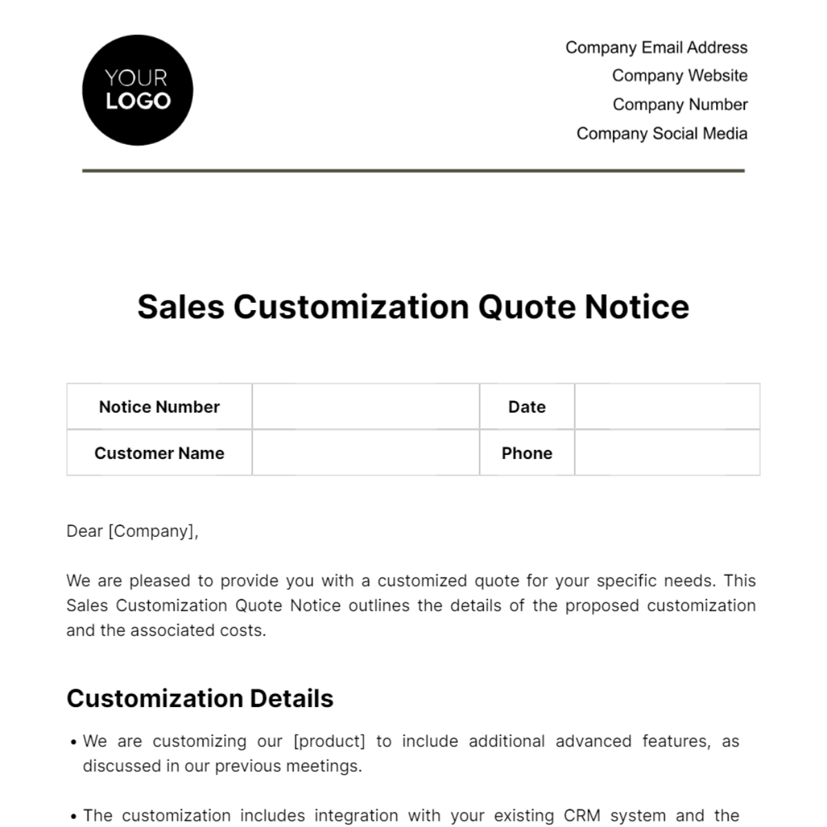 Free Sales Customization Quote Notice Template