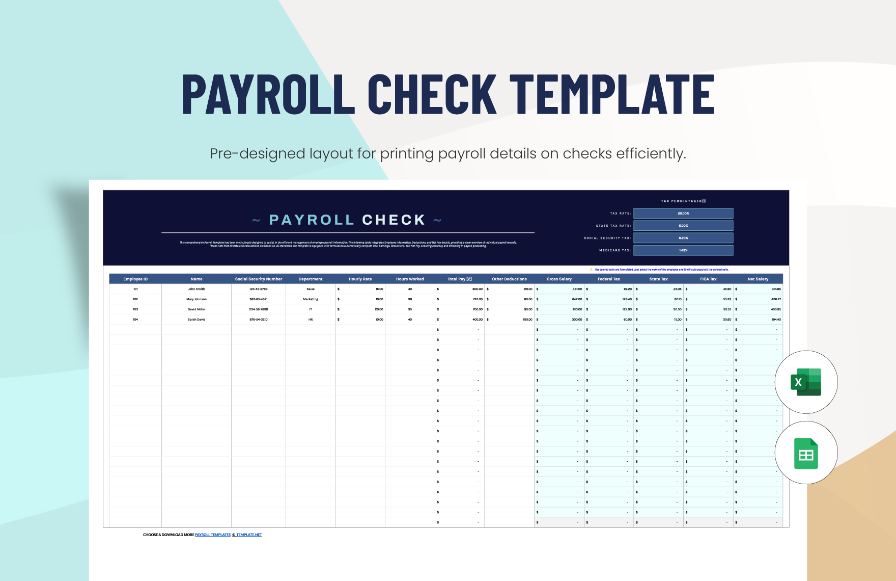 Free Payroll Check Template in Excel, Google Sheets