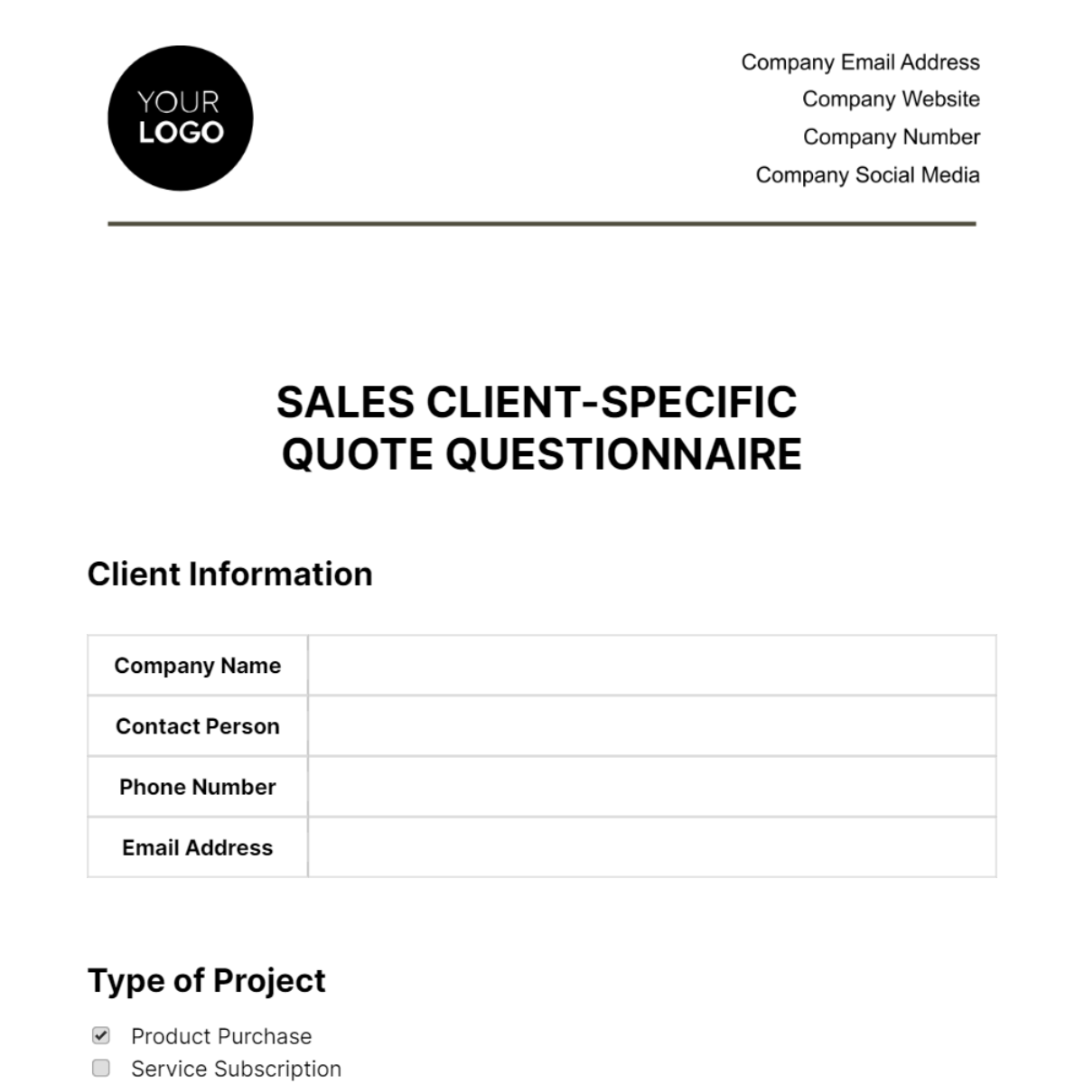 Free Sales Client-specific Quote Questionnaire Template