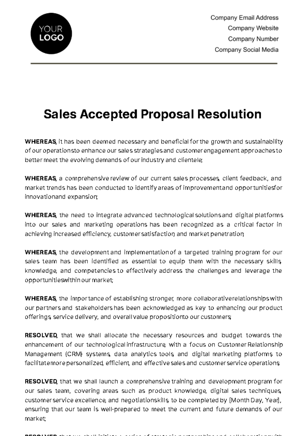 Free Sales Accepted Proposal Resolution Template