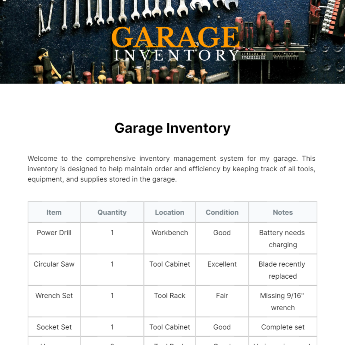 Garage Inventory Template