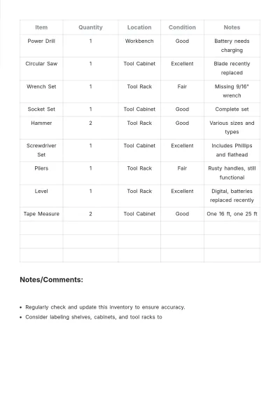 Free Garage Inventory Template to Edit Online