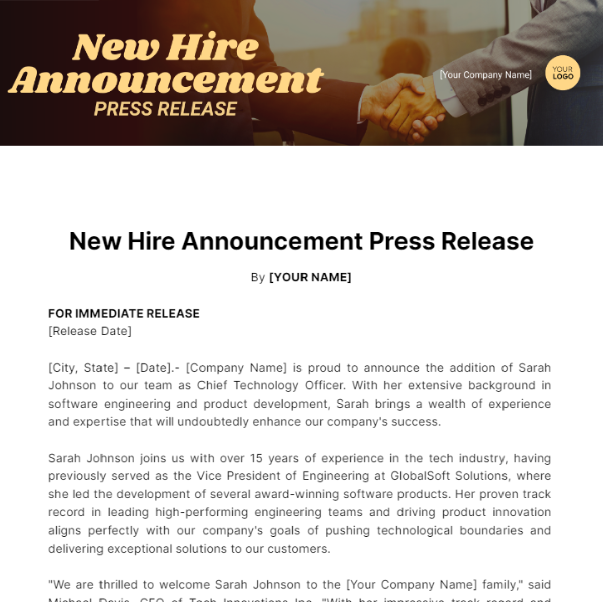 Free New Hire Announcement Press Release Template