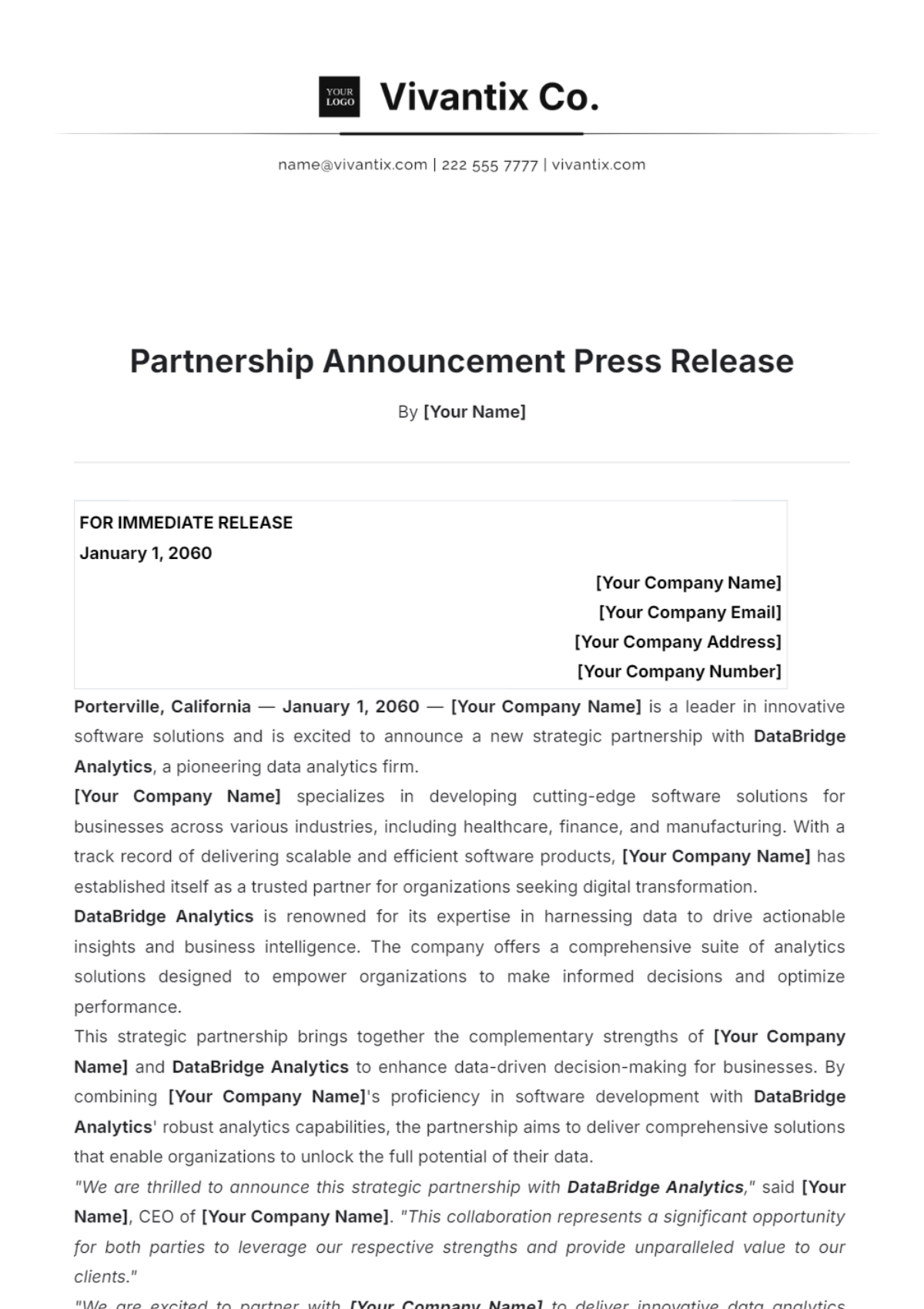 Partnership Announcement Press Release Template