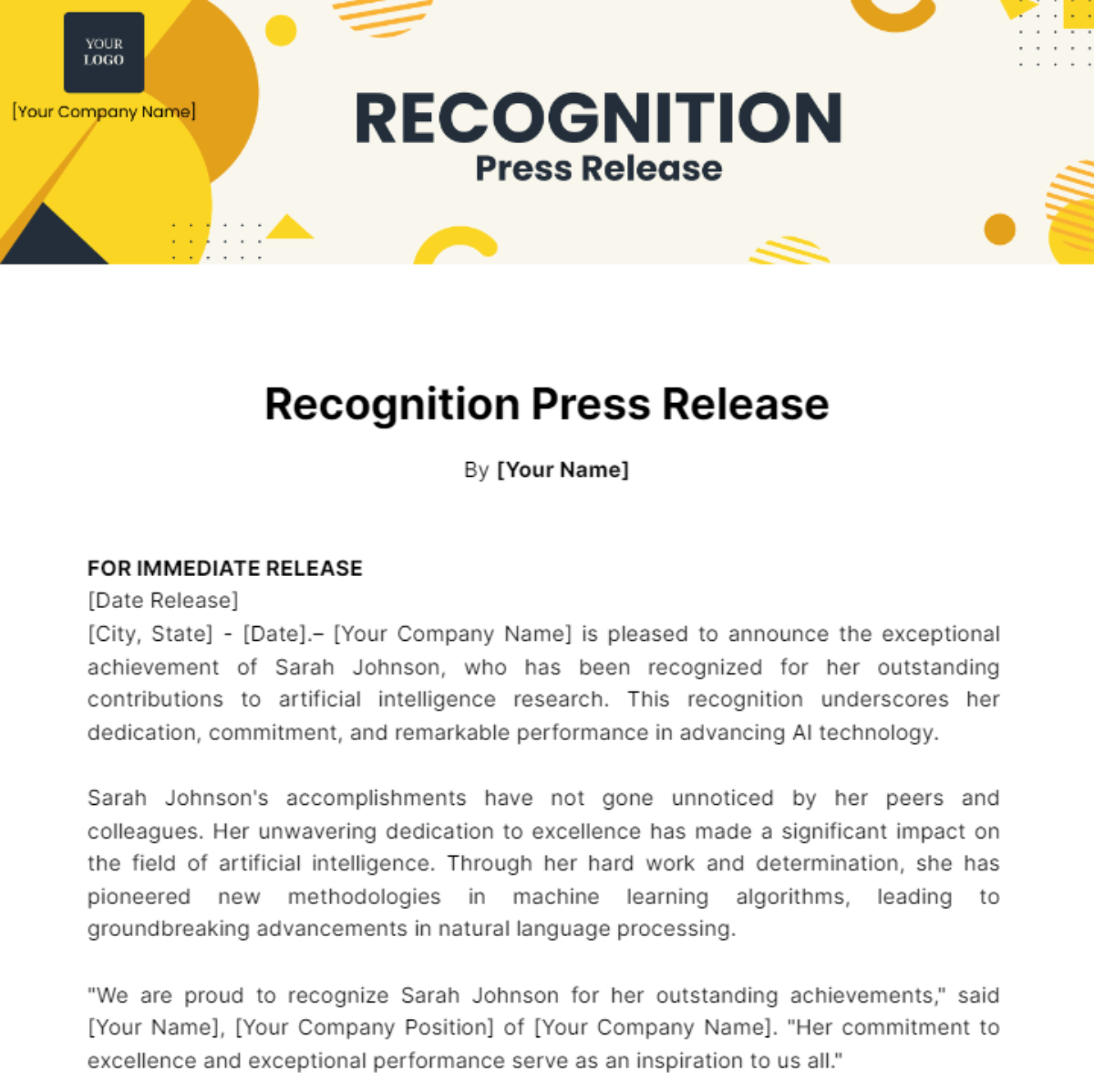 Free Recognition Press Release Template