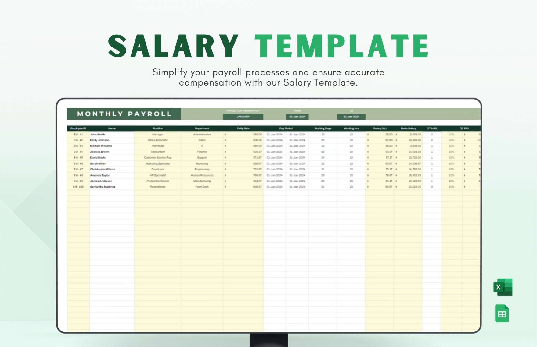 Salary Template in Excel, Google Sheets