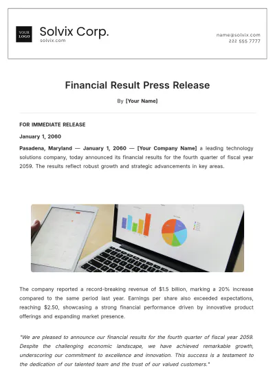 Free Financial Results Press Release Template to Edit Online
