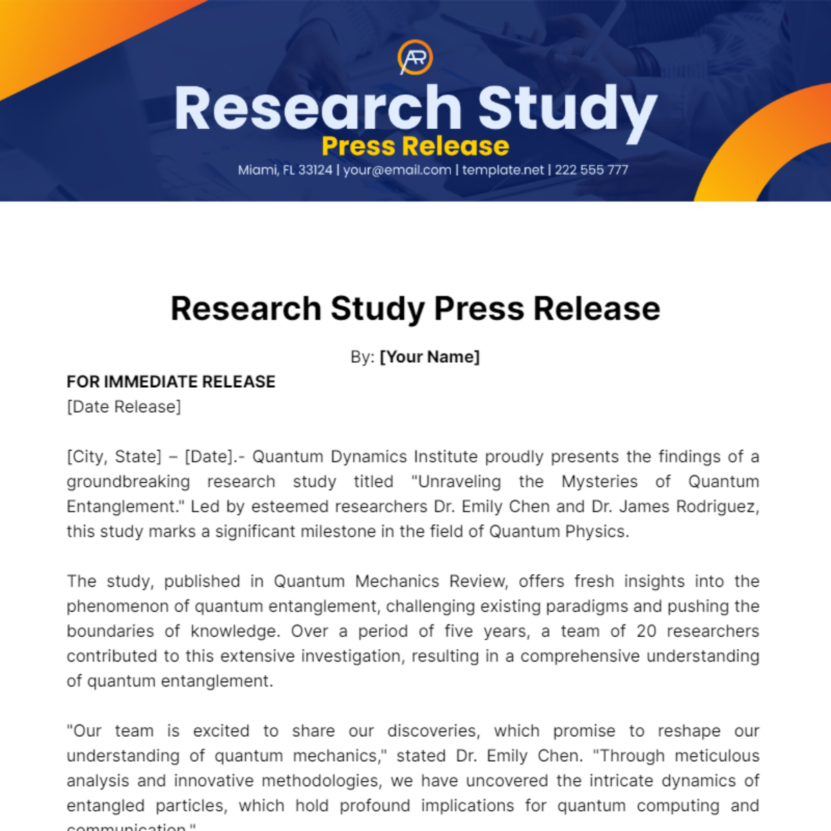 Research Study Press Release Template