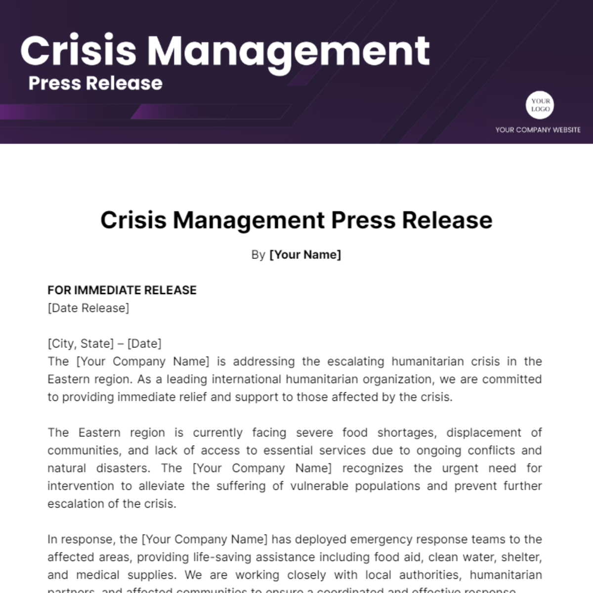 Free Crisis Management Press Release Template