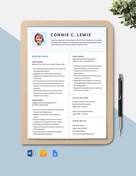 Free Lead Cashier Resume Template - Google Docs, Word, Apple Pages
